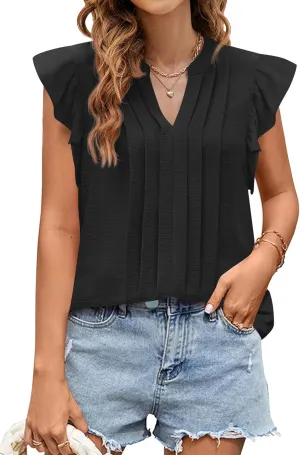KIRUNDO Spring Tops for Women Lightweight Blouses Dressy Casual Ruffle Sleeve V Neck Pleated Business Casual Summer Shirts