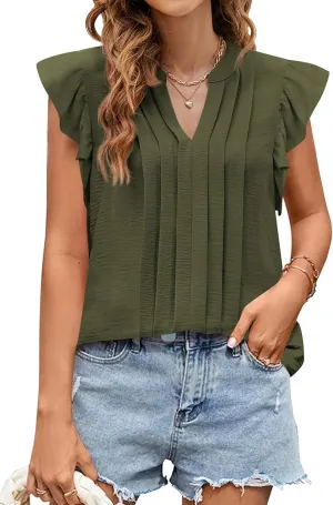 KIRUNDO Spring Tops for Women Lightweight Blouses Dressy Casual Ruffle Sleeve V Neck Pleated Business Casual Summer Shirts