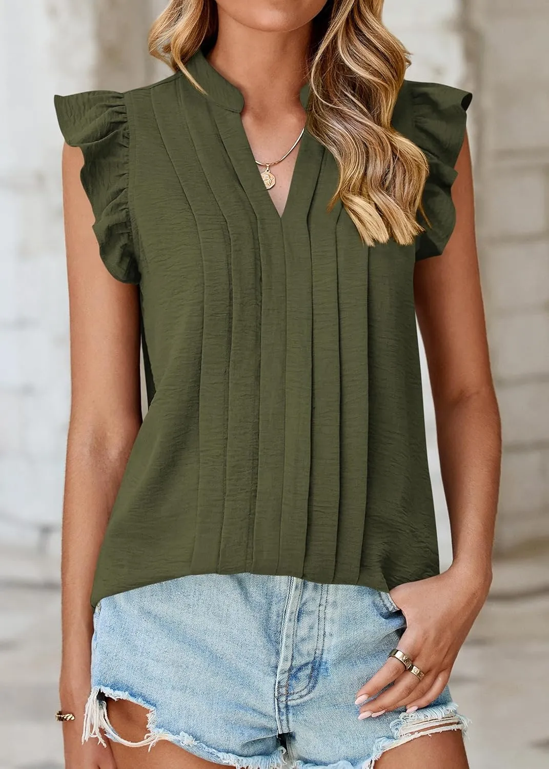 KIRUNDO Spring Tops for Women Lightweight Blouses Dressy Casual Ruffle Sleeve V Neck Pleated Business Casual Summer Shirts