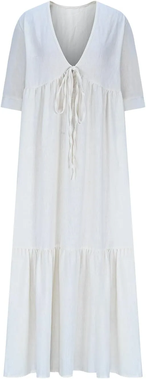 Linen Dresses for Women 2025 Trendy V Neck Front Tie Flowy Maxi Dress Elegant 3/4 Sleeves Solid Color Long Sundress