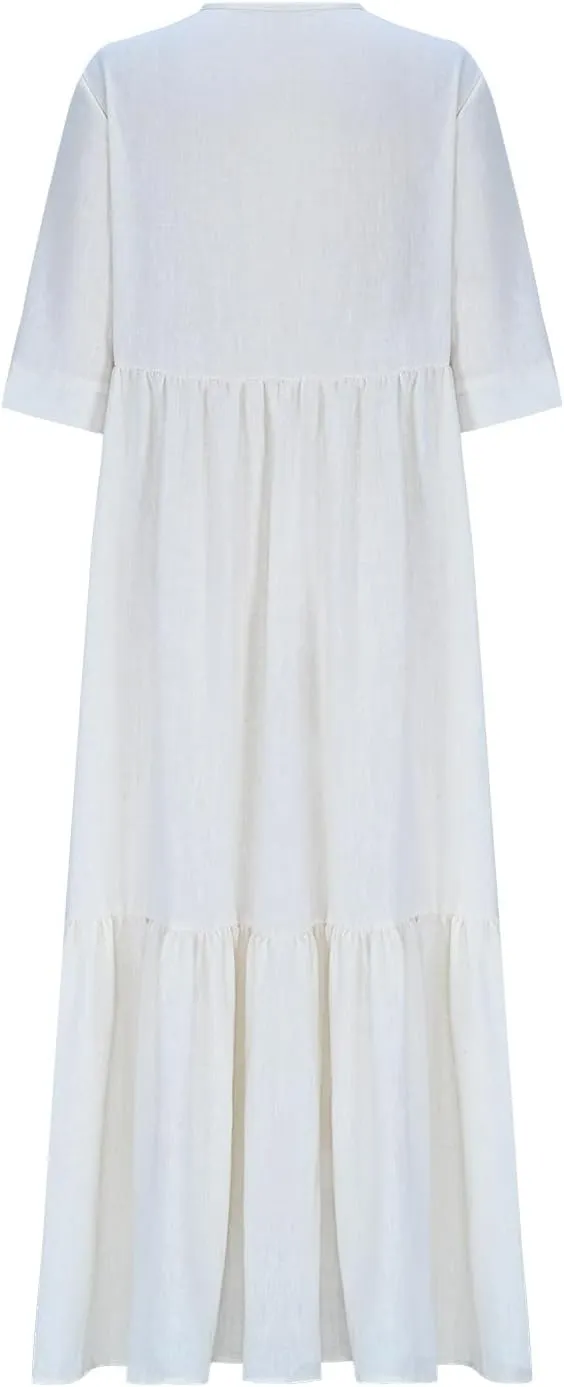 Linen Dresses for Women 2025 Trendy V Neck Front Tie Flowy Maxi Dress Elegant 3/4 Sleeves Solid Color Long Sundress