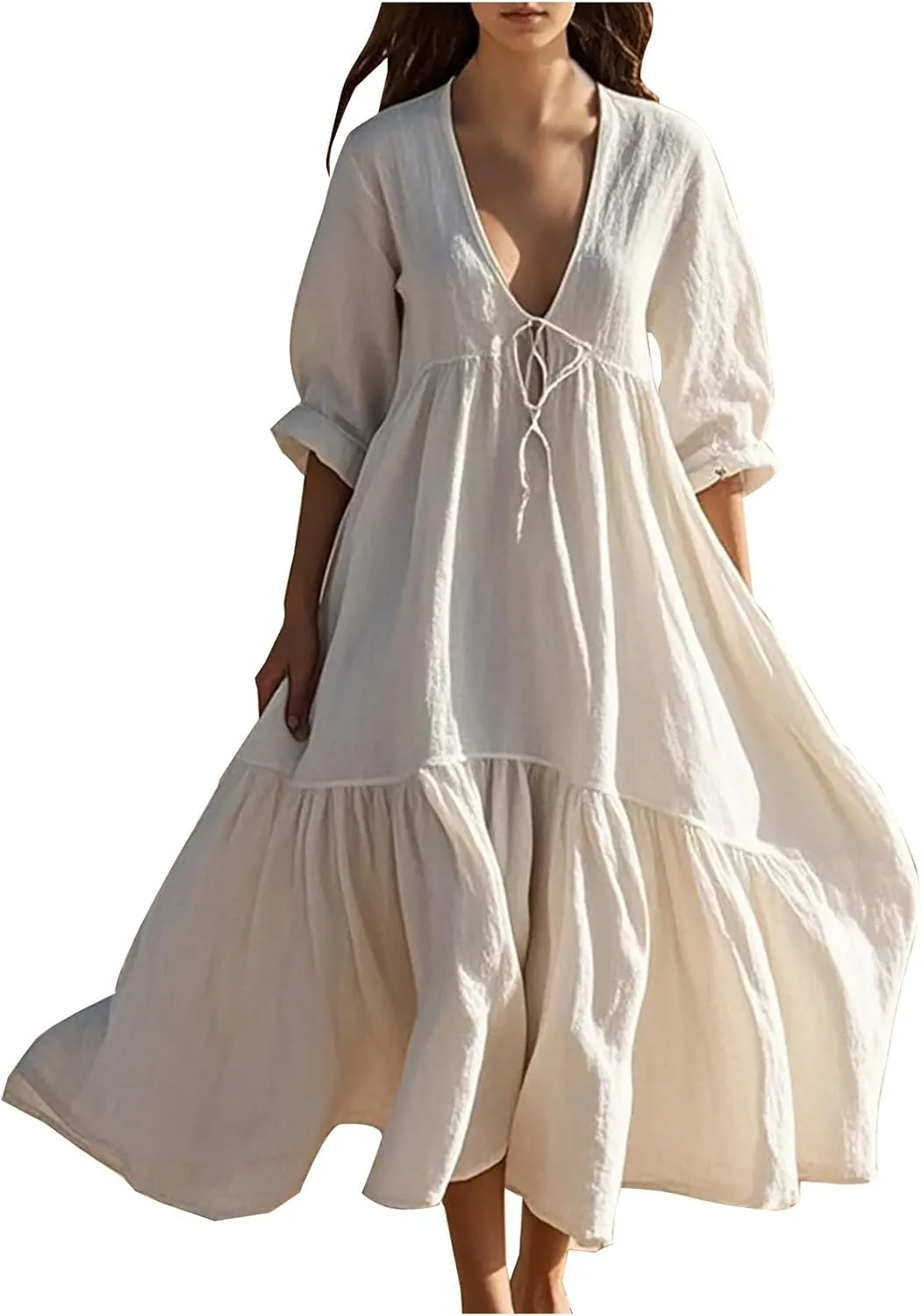 Linen Dresses for Women 2025 Trendy V Neck Front Tie Flowy Maxi Dress Elegant 3/4 Sleeves Solid Color Long Sundress