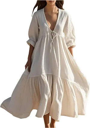 Linen Dresses for Women 2025 Trendy V Neck Front Tie Flowy Maxi Dress Elegant 3/4 Sleeves Solid Color Long Sundress