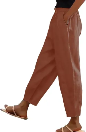 Linen Pants Women Petite 2025 Summer Elastic Drawstring Casual Trouser Lightweight Soft Beach Lounge Pant with Pocket