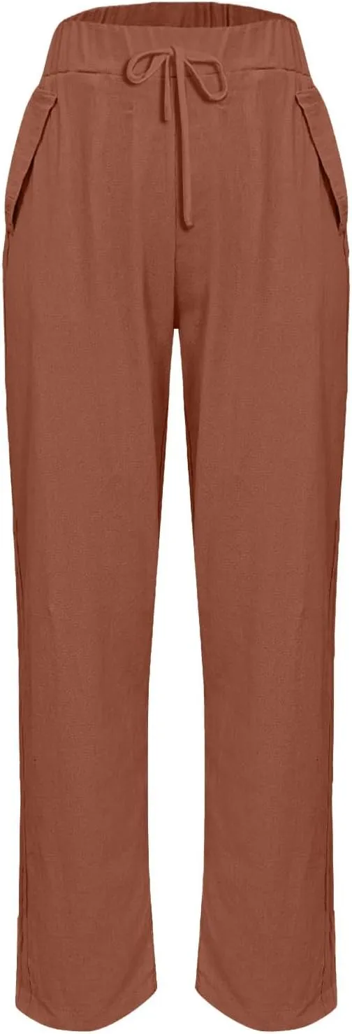 Linen Pants Women Petite 2025 Summer Elastic Drawstring Casual Trouser Lightweight Soft Beach Lounge Pant with Pocket