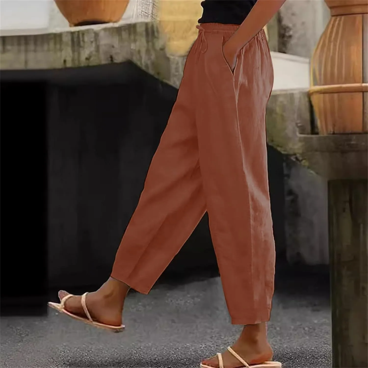 Linen Pants Women Petite 2025 Summer Elastic Drawstring Casual Trouser Lightweight Soft Beach Lounge Pant with Pocket