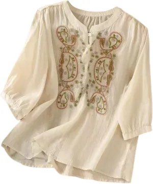 Linen Shirt for Women 3/4 Sleeve Linen Blouses Loose Fit Embroidery Cotton Tops