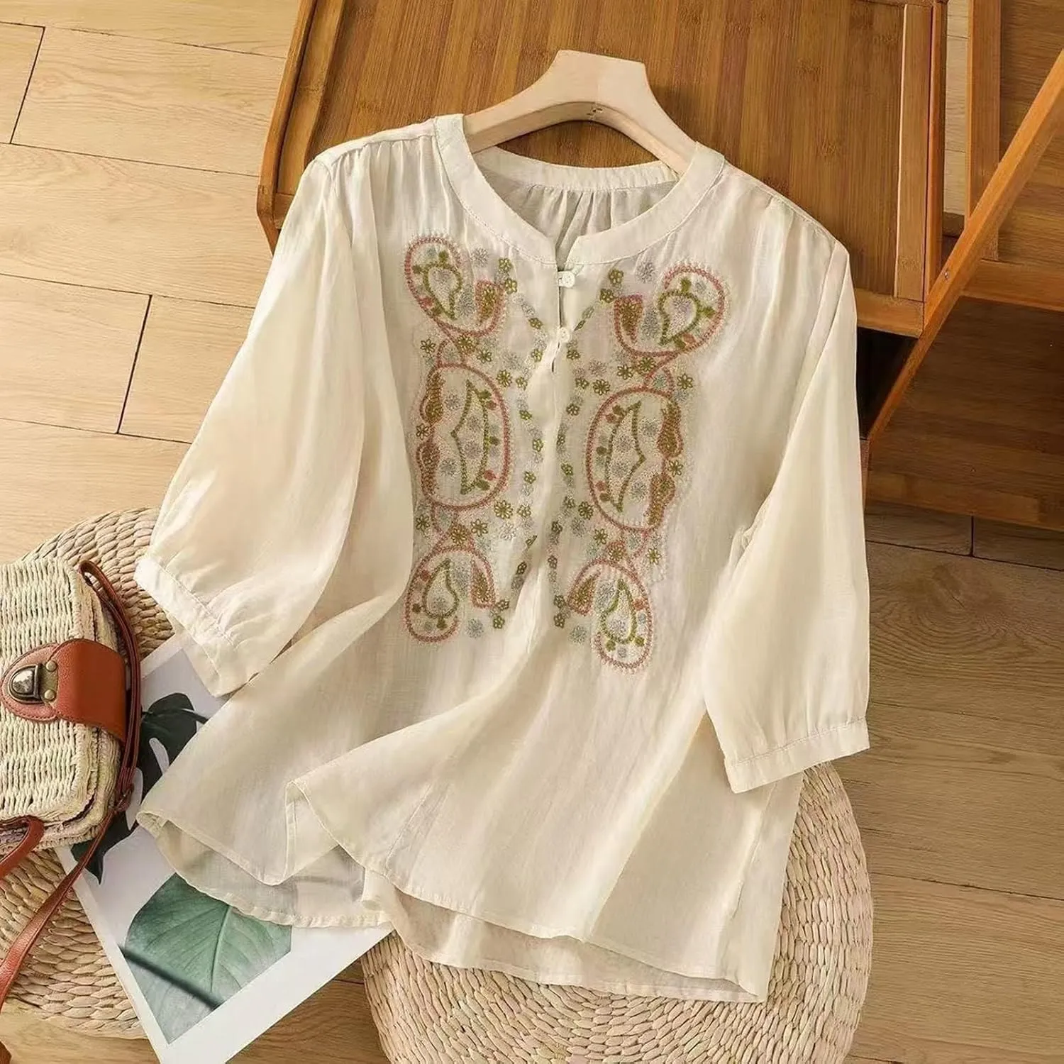 Linen Shirt for Women 3/4 Sleeve Linen Blouses Loose Fit Embroidery Cotton Tops