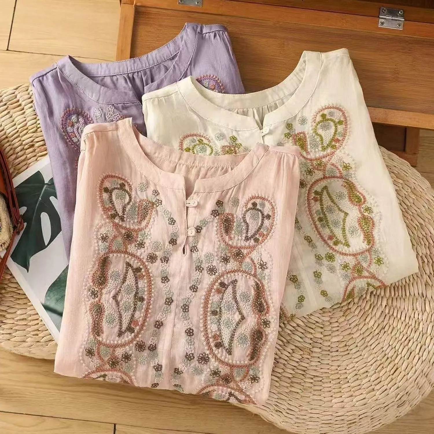 Linen Shirt for Women 3/4 Sleeve Linen Blouses Loose Fit Embroidery Cotton Tops