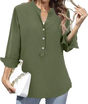 Linen Shirts for Women Breathable Tops Women's Loose Cotton Linen Blouses Womens 3/4 Length Sleeve Ladies Hemp Clothes