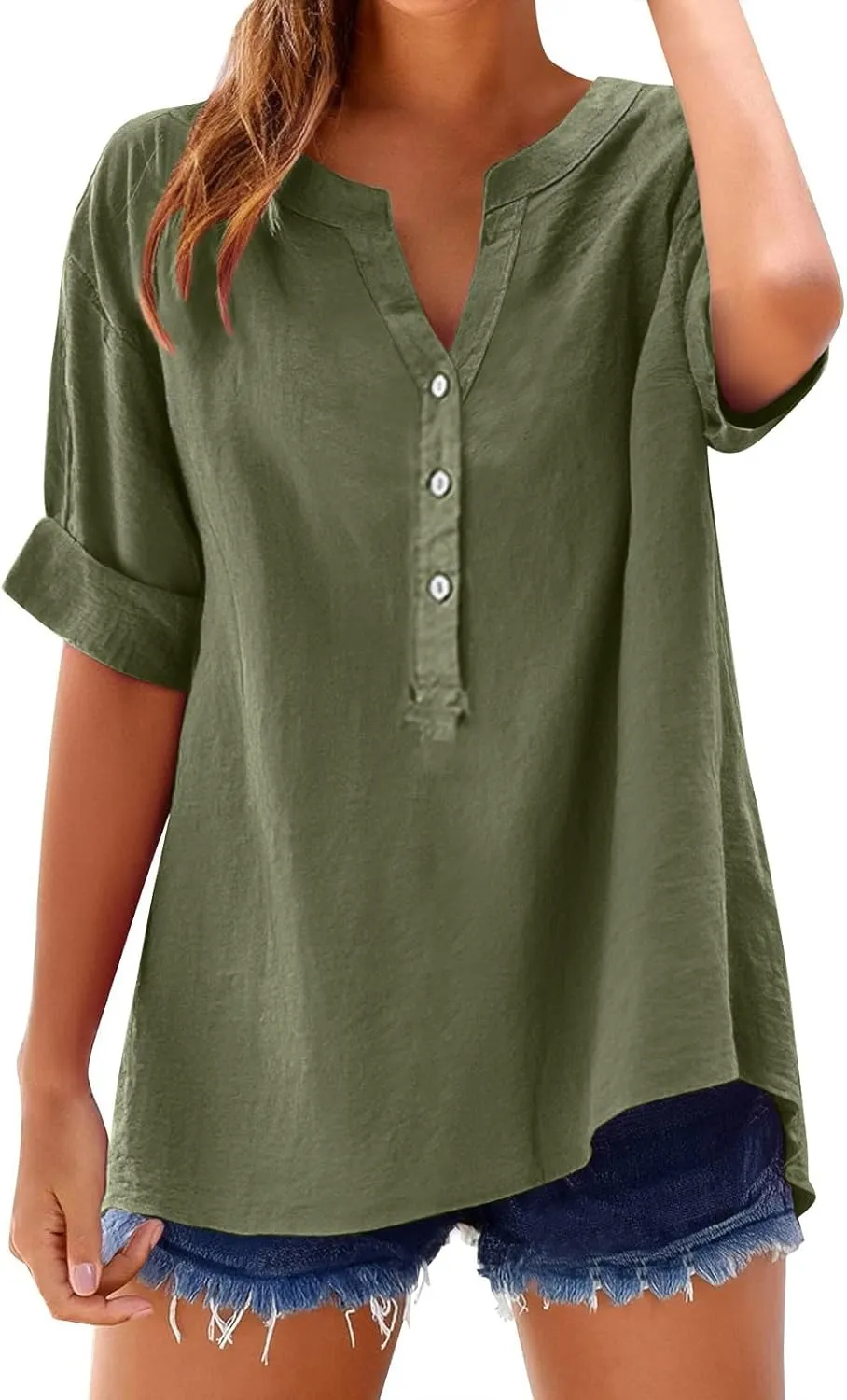 Linen Shirts for Women Breathable Tops Women's Loose Cotton Linen Blouses Womens 3/4 Length Sleeve Ladies Hemp Clothes