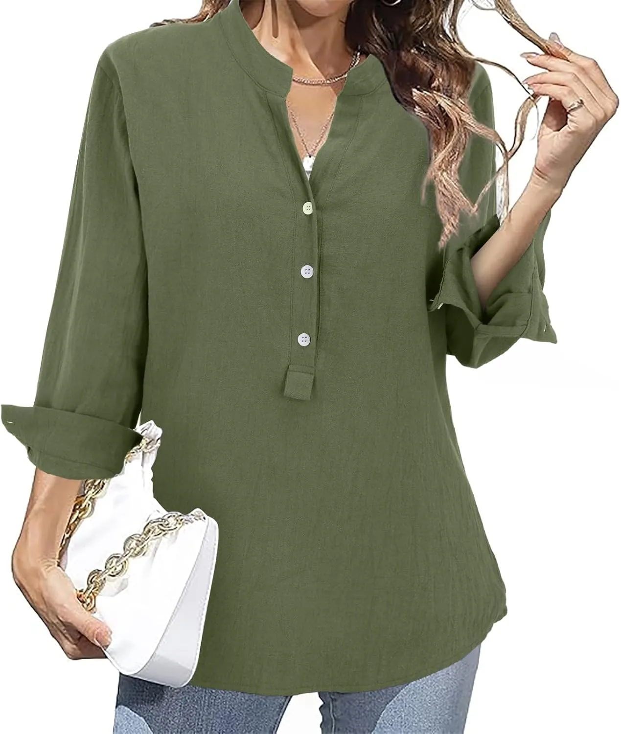 Linen Shirts for Women Breathable Tops Women's Loose Cotton Linen Blouses Womens 3/4 Length Sleeve Ladies Hemp Clothes