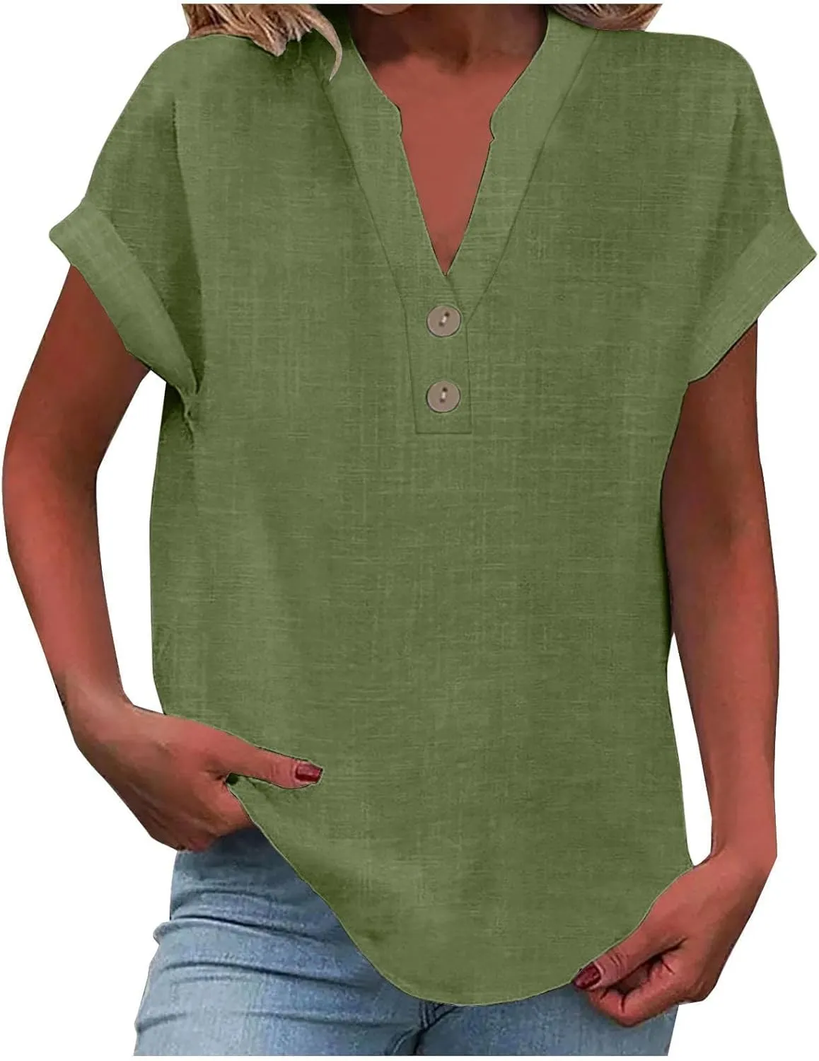 Linen Tops for Women Loose Fit Gauze Short Sleeve Plus Size Shirts Summer Button V Neck Casual Dressy Blouses