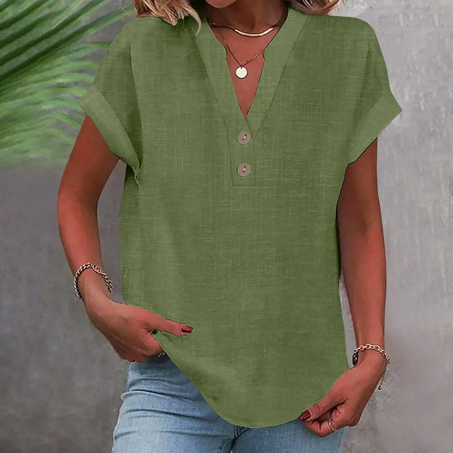 Linen Tops for Women Loose Fit Gauze Short Sleeve Plus Size Shirts Summer Button V Neck Casual Dressy Blouses