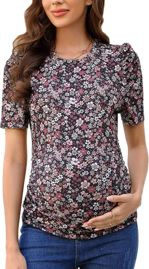 Maternity Shirts Women's Casual Floral Print Tops Pregnancy Puff Short Sleeve Striped Ruched Side Tunic Top