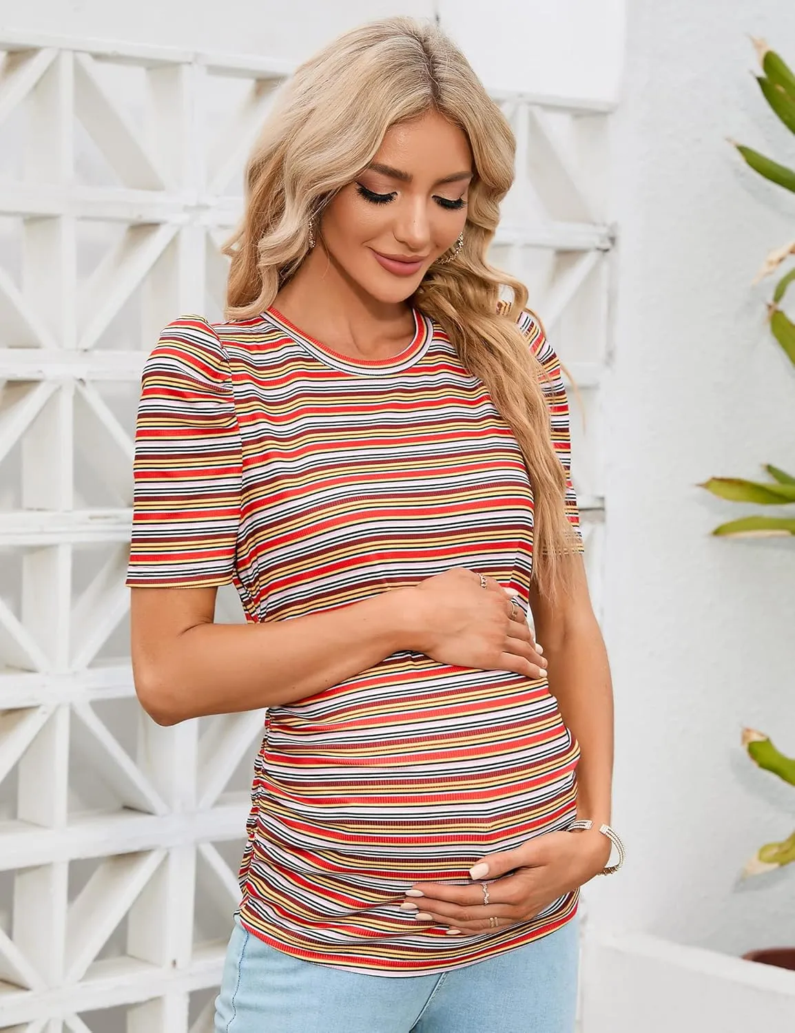 Maternity Shirts Women's Casual Floral Print Tops Pregnancy Puff Short Sleeve Striped Ruched Side Tunic Top