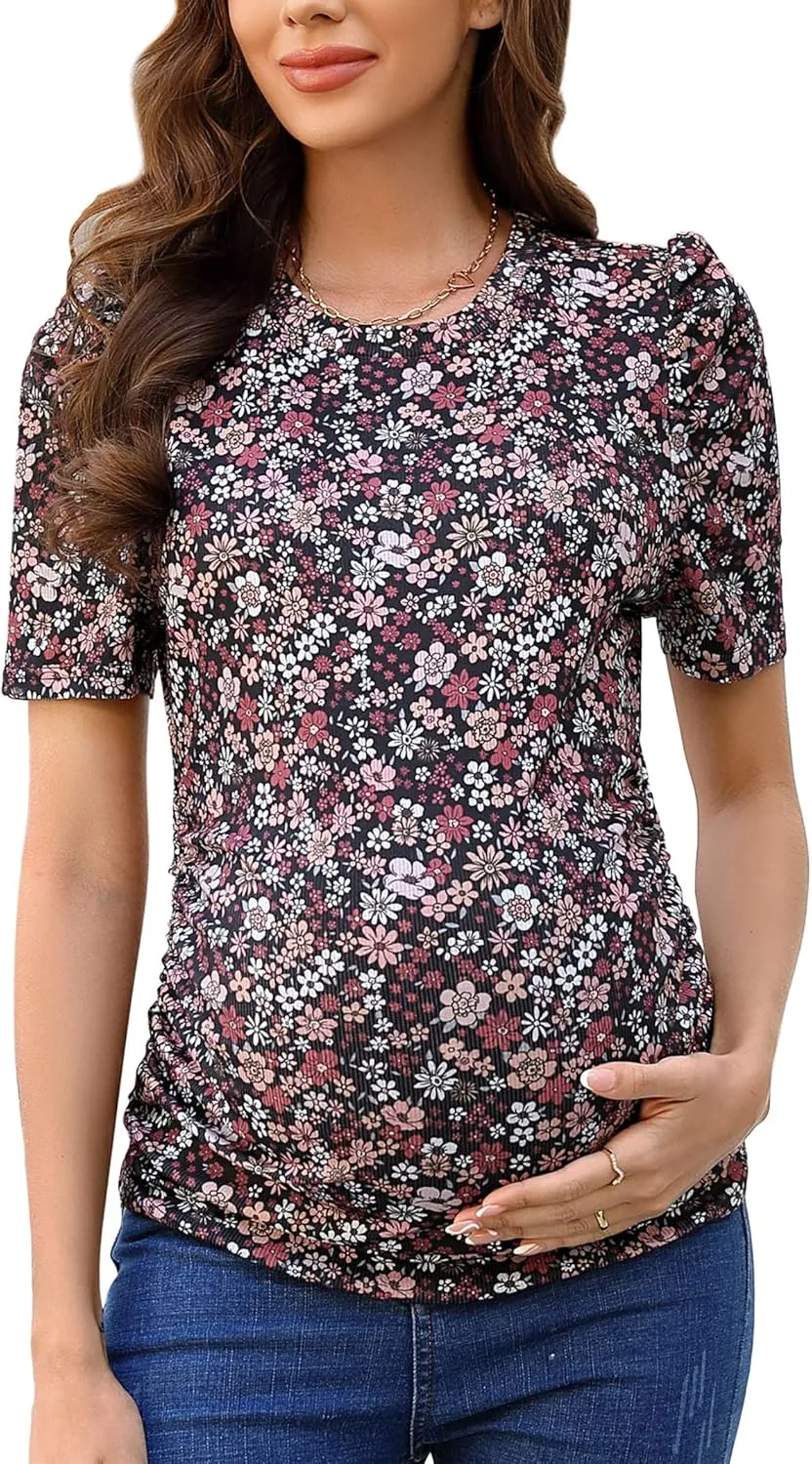 Maternity Shirts Women's Casual Floral Print Tops Pregnancy Puff Short Sleeve Striped Ruched Side Tunic Top