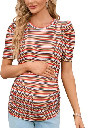Maternity Shirts Women's Casual Floral Print Tops Pregnancy Puff Short Sleeve Striped Ruched Side Tunic Top