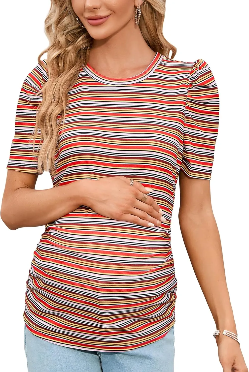Maternity Shirts Women's Casual Floral Print Tops Pregnancy Puff Short Sleeve Striped Ruched Side Tunic Top