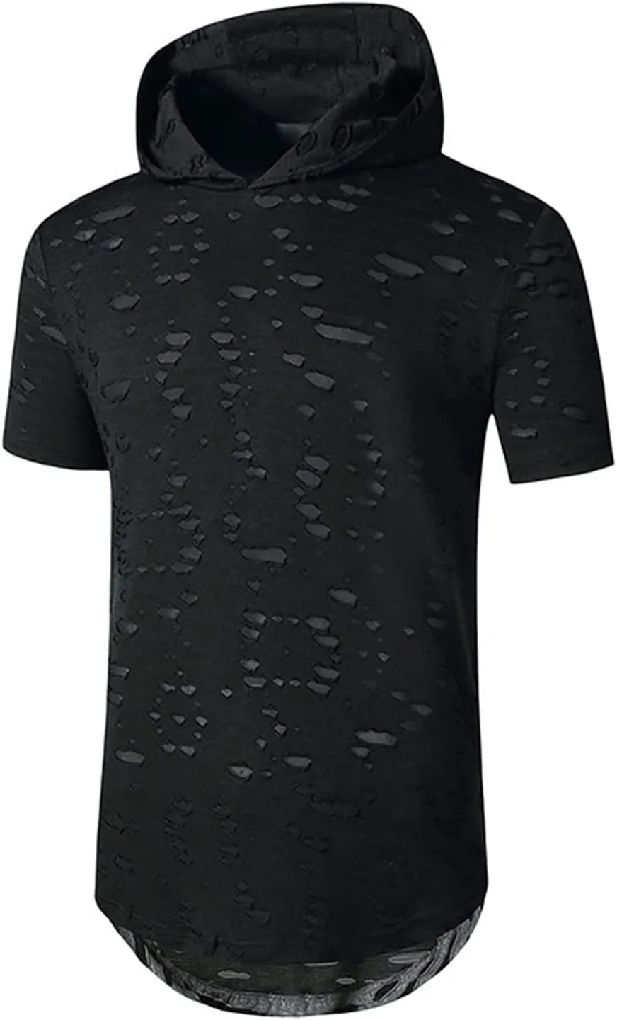 Men's Distressed Asymmetrical Tee Shirts Hip Hop Longline Pullover Hoodies Tops Gym Muscle Cut Off Short Sleeve