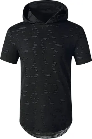 Men's Distressed Asymmetrical Tee Shirts Hip Hop Longline Pullover Hoodies Tops Gym Muscle Cut Off Short Sleeve