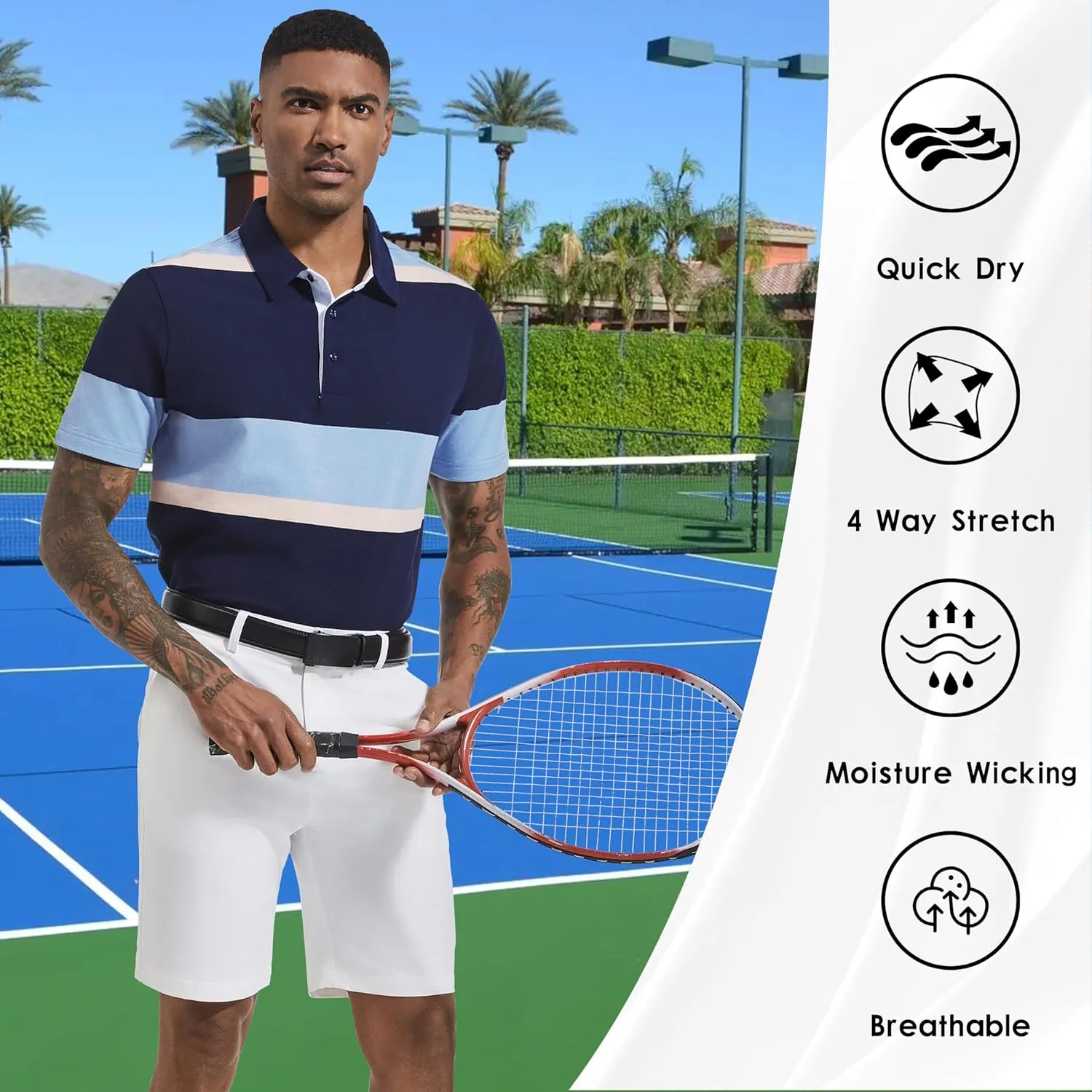 Men's Polo Shirts Long Sleeve Striped Dry Fit Casual Collared Pique Golf Polo Shirts for Mens