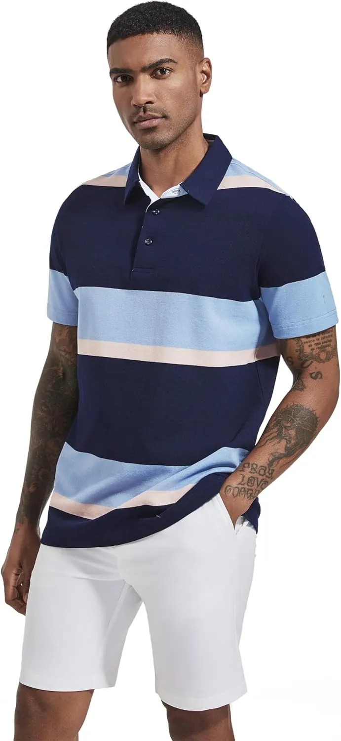 Men's Polo Shirts Long Sleeve Striped Dry Fit Casual Collared Pique Golf Polo Shirts for Mens