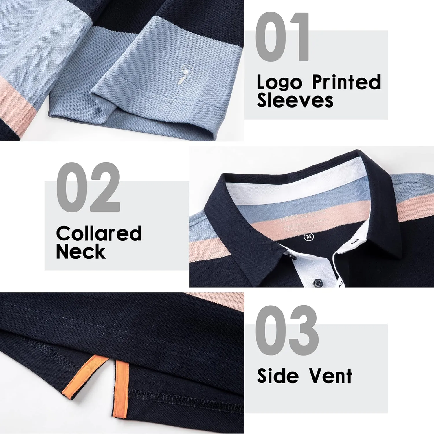 Men's Polo Shirts Long Sleeve Striped Dry Fit Casual Collared Pique Golf Polo Shirts for Mens