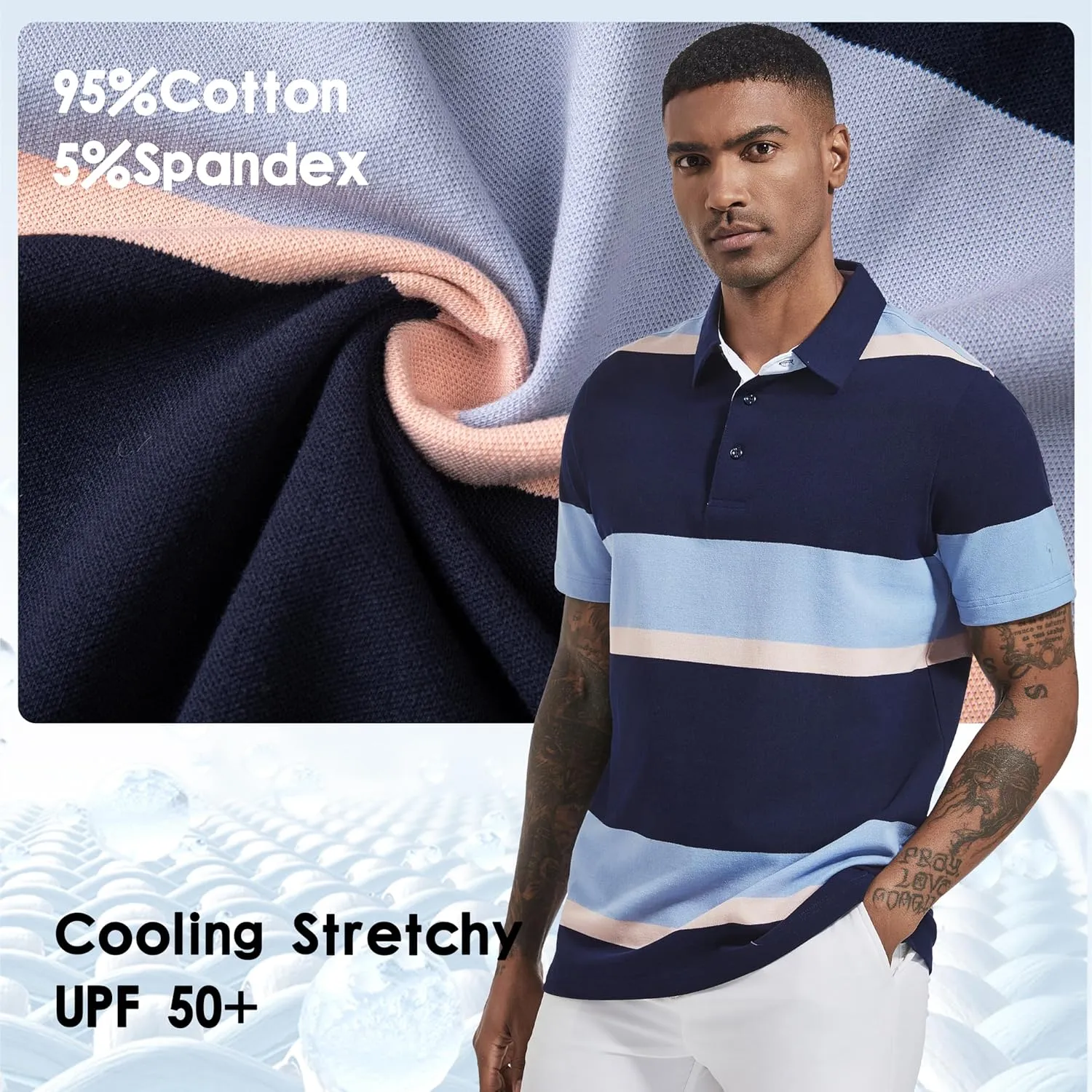 Men's Polo Shirts Long Sleeve Striped Dry Fit Casual Collared Pique Golf Polo Shirts for Mens