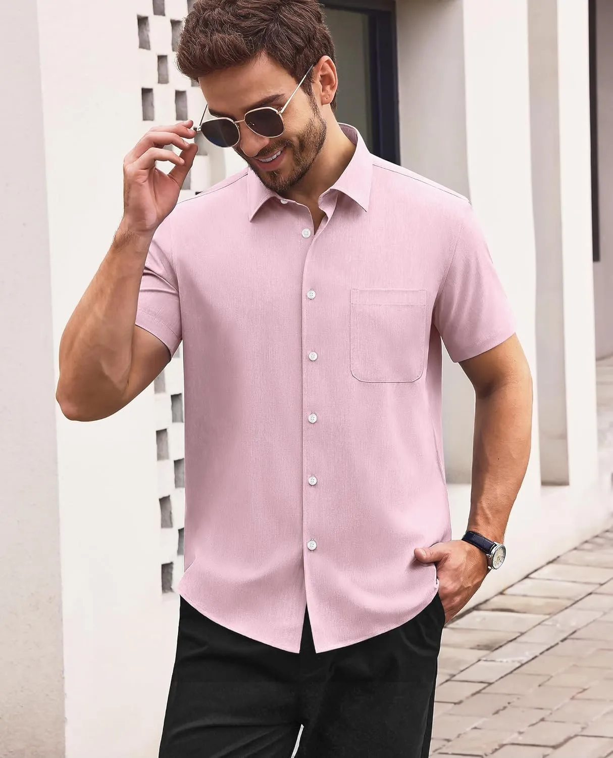 Mens Short Sleeve Button Down Shirts Casual Linen Shirts Button Up Wrinkle Free Beach Summer Vacation Wedding Tops