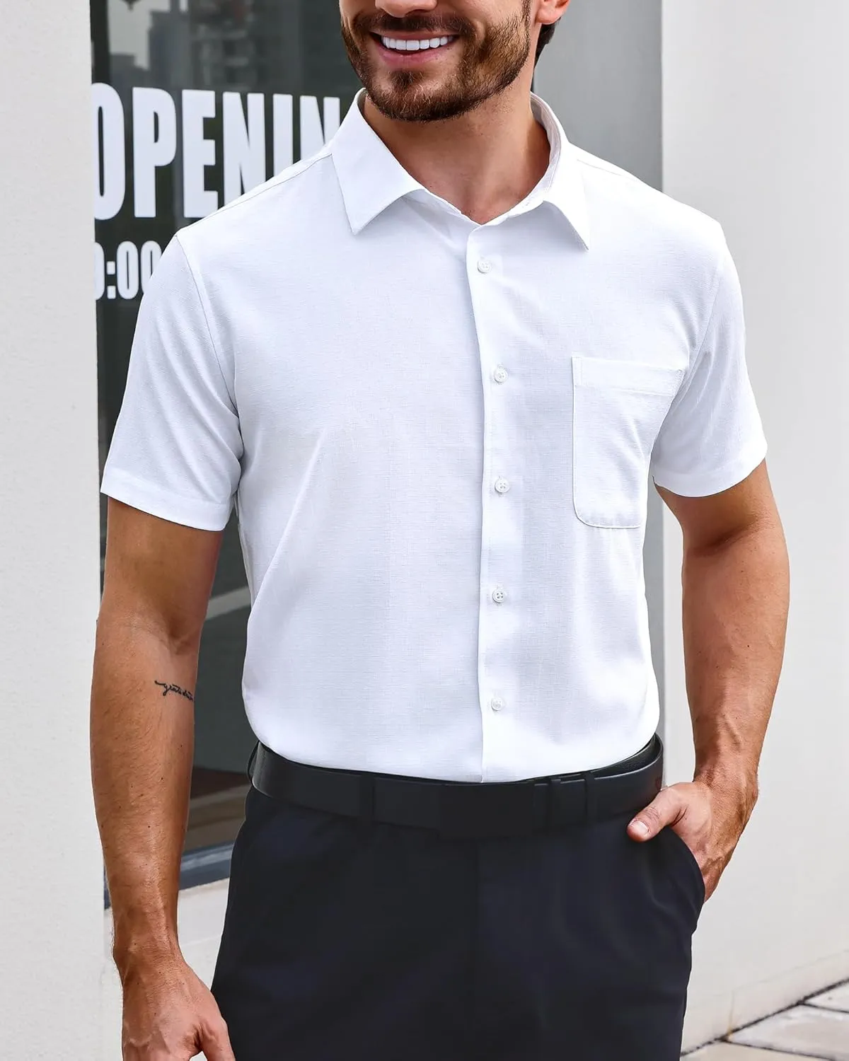 Mens Short Sleeve Button Down Shirts Casual Linen Shirts Button Up Wrinkle Free Beach Summer Vacation Wedding Tops