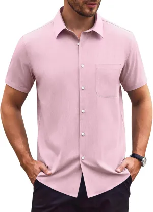Mens Short Sleeve Button Down Shirts Casual Linen Shirts Button Up Wrinkle Free Beach Summer Vacation Wedding Tops