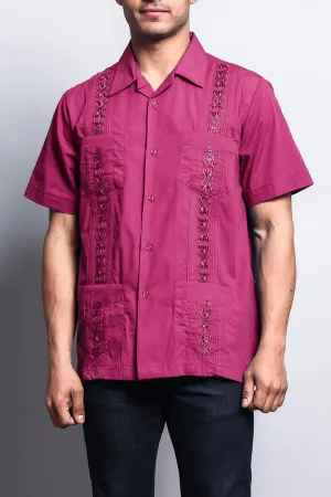 Men's Short Sleeve Cuban Style Guayabera Shirt (Fuchsia)