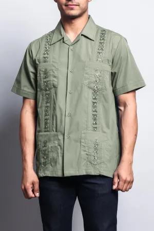 Men's Short Sleeve Cuban Style Guayabera Shirt (Light Olive)