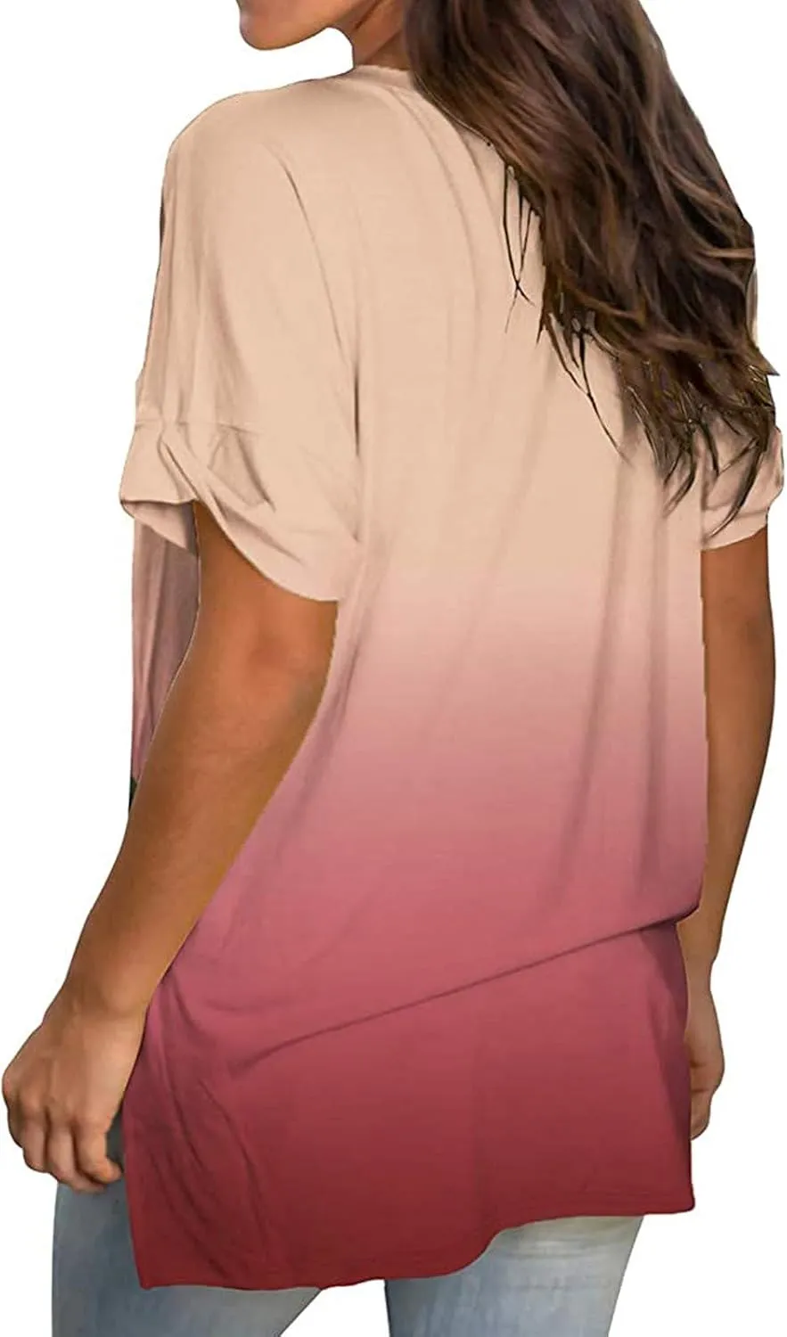 Ombre Tshirt Women Cuffed Short Sleeve V-Neck Tie Dye Shirts Loose Fit Casual Tee T-Shirt Summer Gradient Tops Plus Size