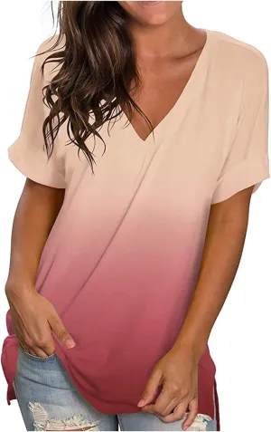 Ombre Tshirt Women Cuffed Short Sleeve V-Neck Tie Dye Shirts Loose Fit Casual Tee T-Shirt Summer Gradient Tops Plus Size