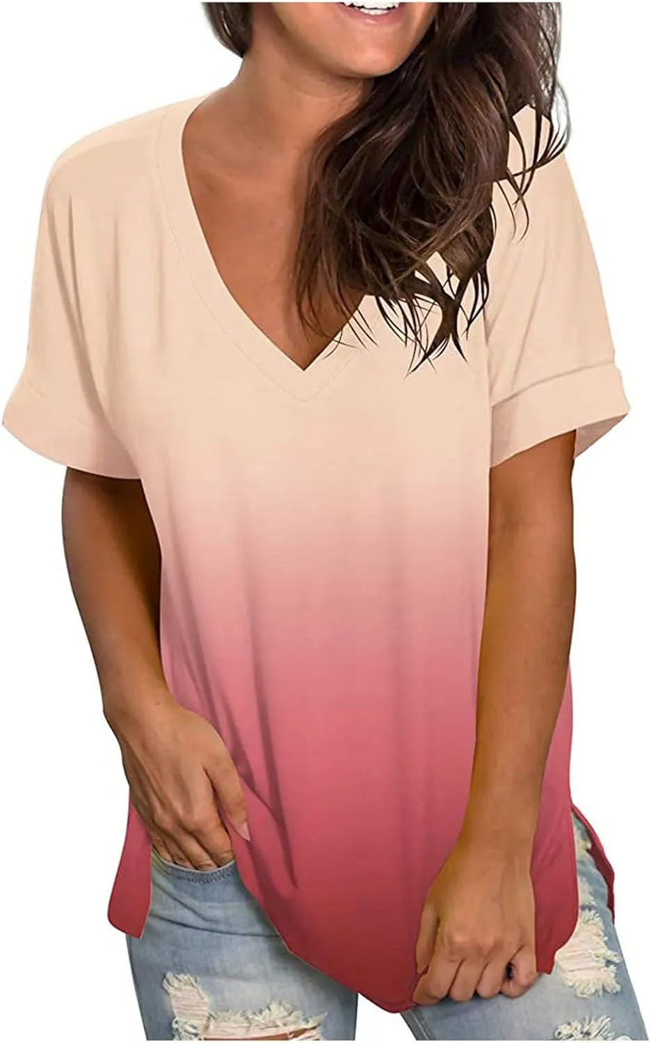 Ombre Tshirt Women Cuffed Short Sleeve V-Neck Tie Dye Shirts Loose Fit Casual Tee T-Shirt Summer Gradient Tops Plus Size