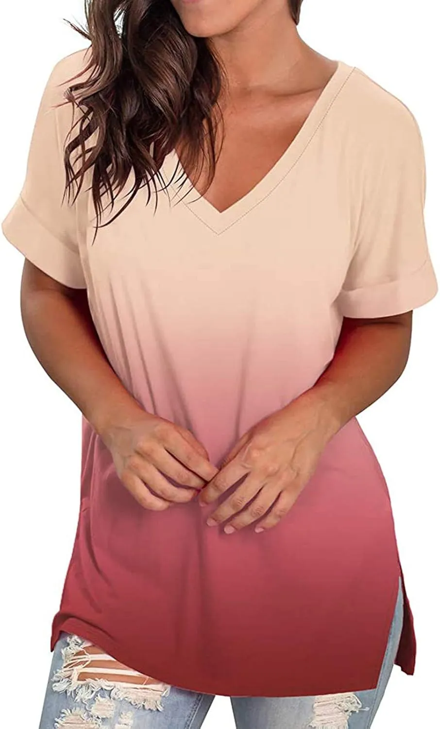 Ombre Tshirt Women Cuffed Short Sleeve V-Neck Tie Dye Shirts Loose Fit Casual Tee T-Shirt Summer Gradient Tops Plus Size