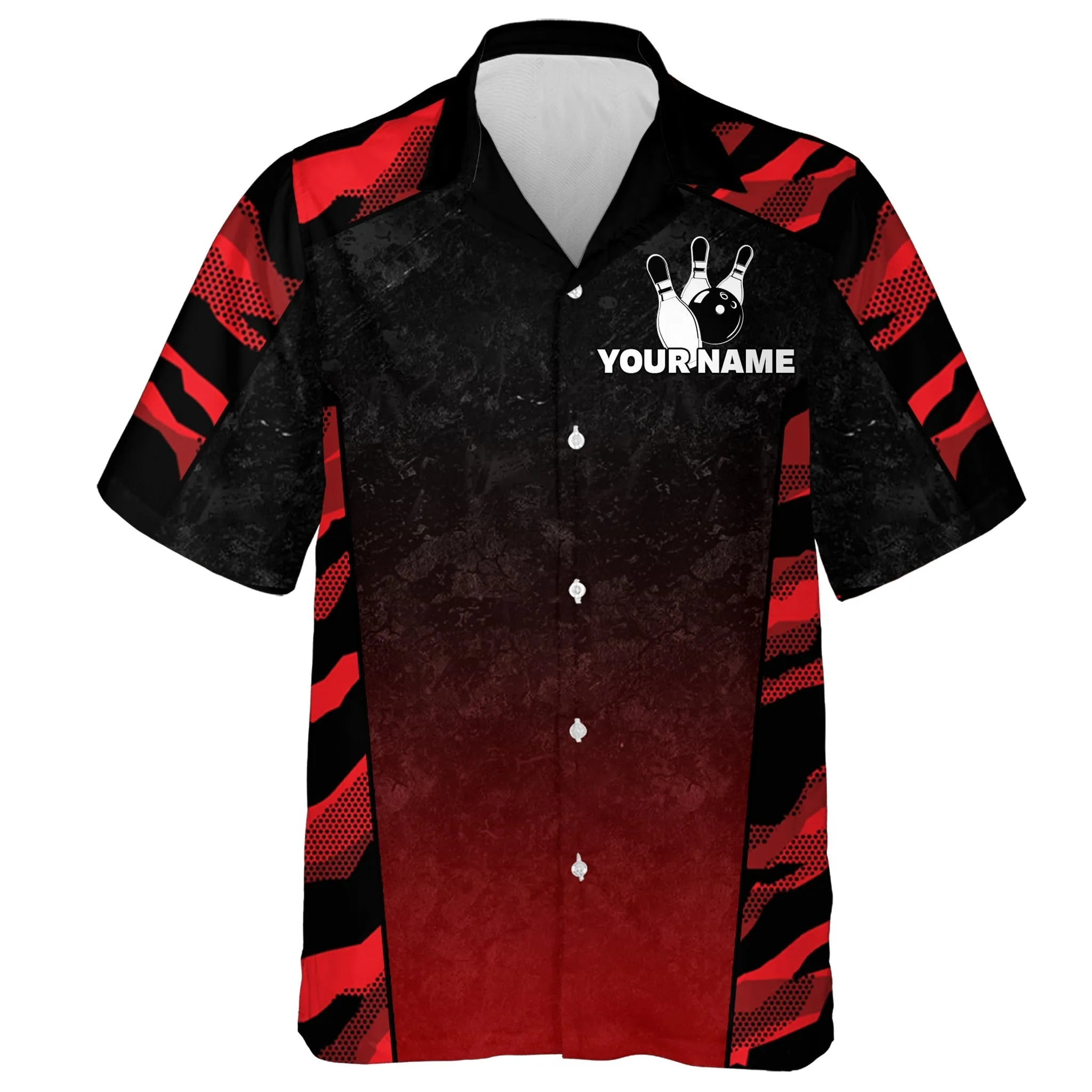 Red Camo Hawaiian Bowling Shirt For Men, Custom Name Team Name Bowling Jersey Strike Bowling Shirt
