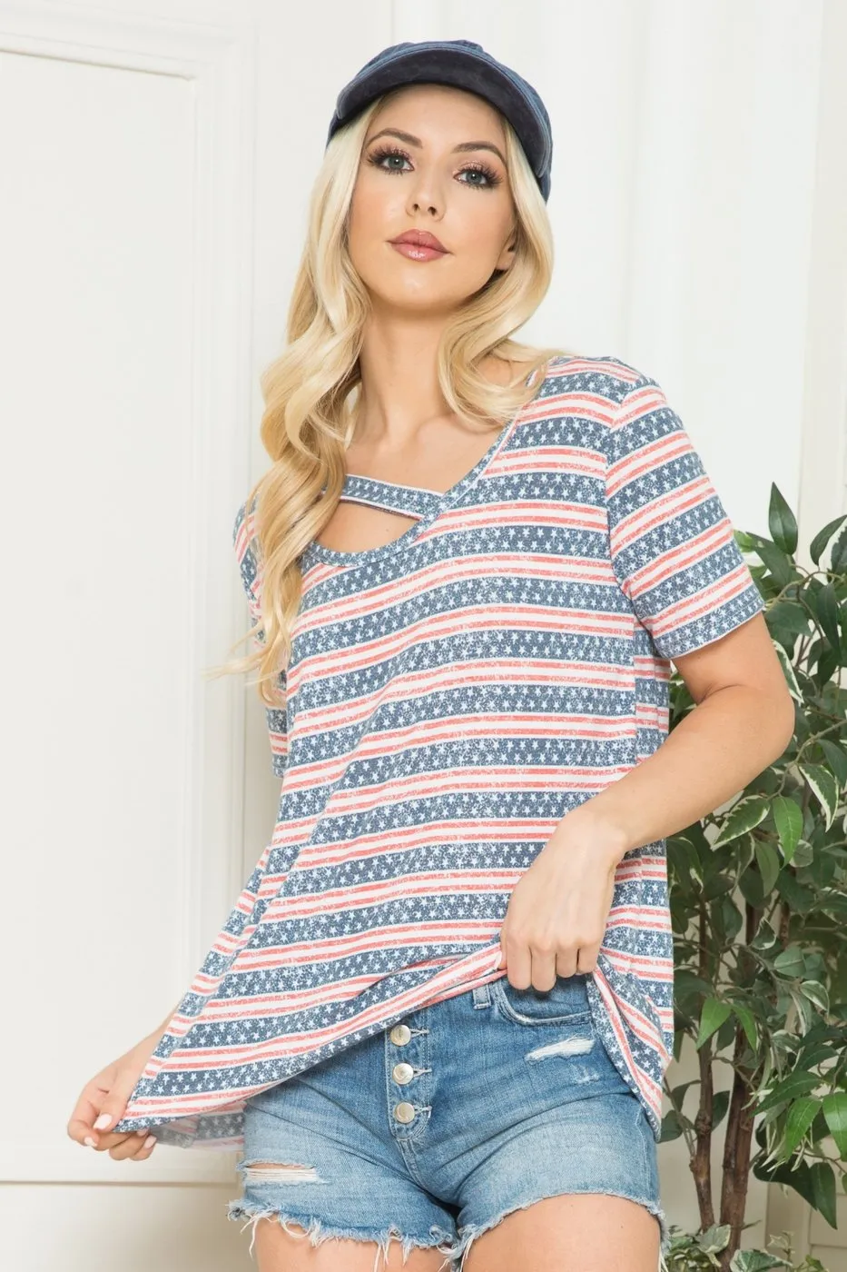 Red, White and Blue, Stars and Stripes Short Sleeve Top with Asymmetrical Neck