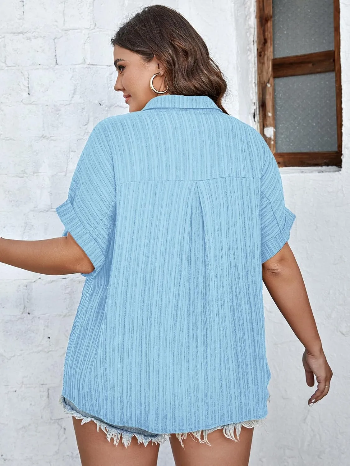 SCOMCHIC Women Plus Size Button Down Short Sleeve Shirts Collared Textured Summer Blouse Casual Tops with Pockets