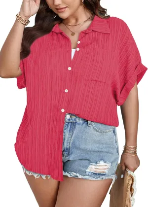 SCOMCHIC Women Plus Size Button Down Short Sleeve Shirts Collared Textured Summer Blouse Casual Tops with Pockets