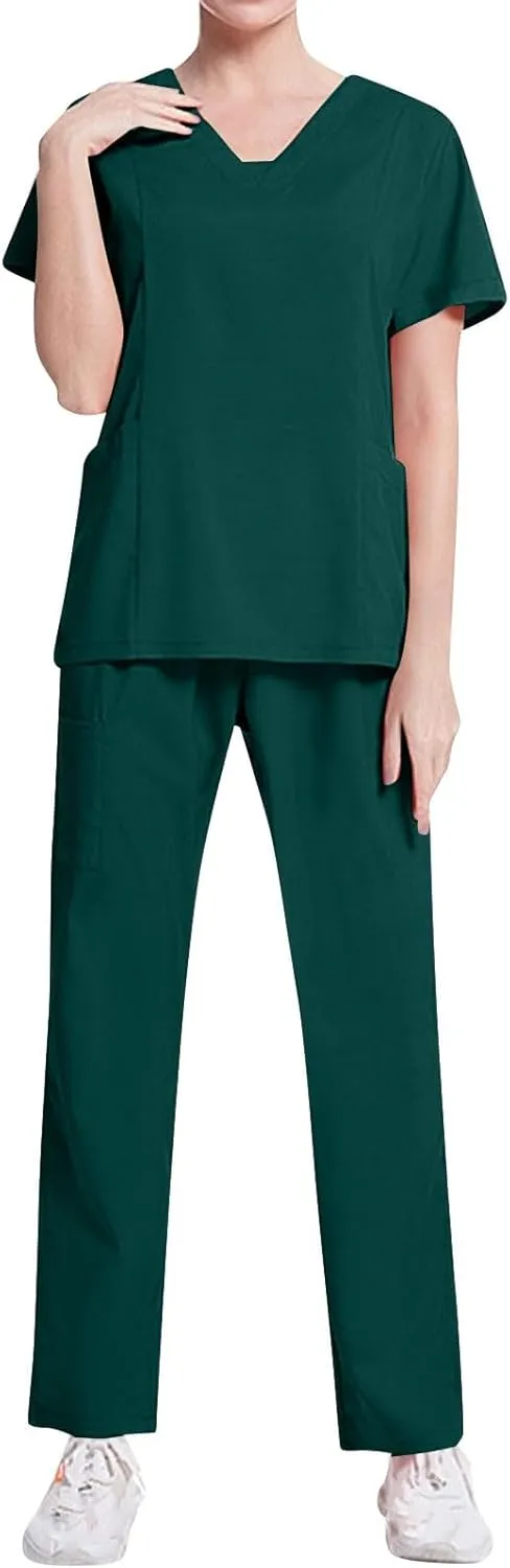 Scrubs Set for Women Nursing Uniforms Set V-Neck Top & Tapered Leg Jogger Pants Scrub Tops and Scrub Pants