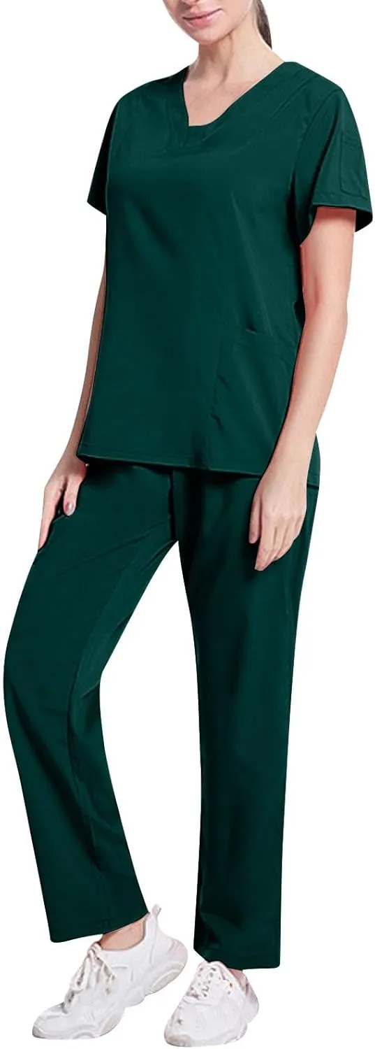 Scrubs Set for Women Nursing Uniforms Set V-Neck Top & Tapered Leg Jogger Pants Scrub Tops and Scrub Pants