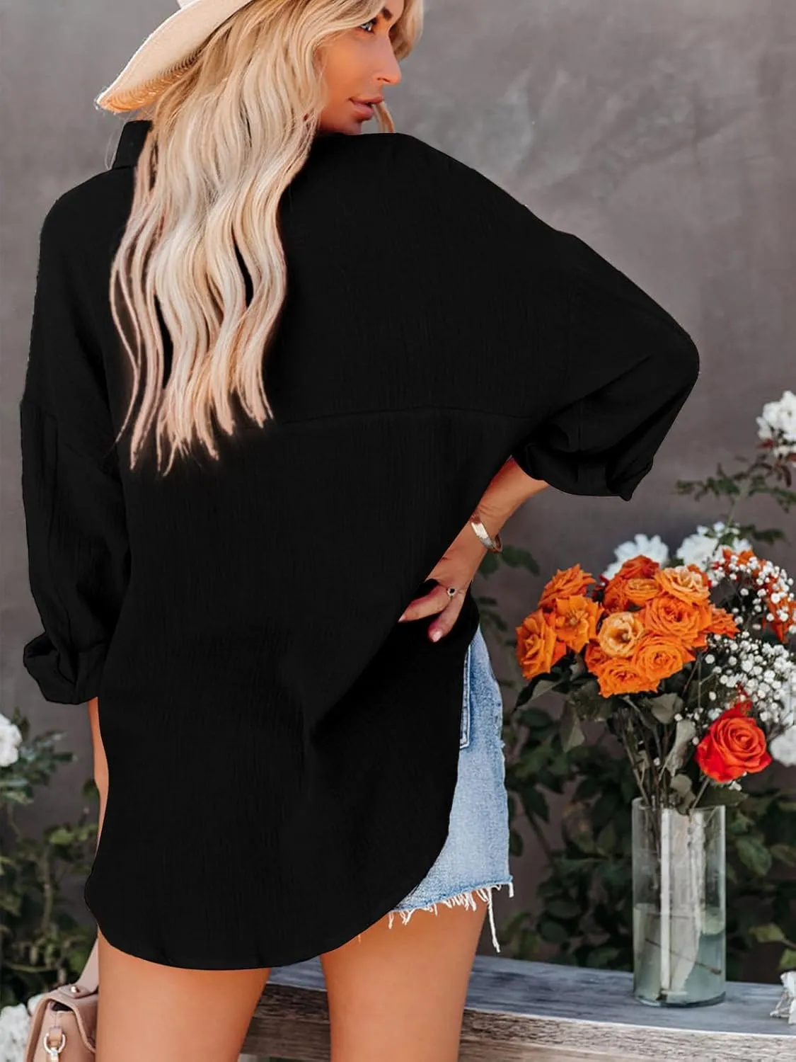 siliteelon Womens Button Down Shirts Cotton Long Sleeve Oversized Boyfriend Blouses Collared Dress Tops with Pockets