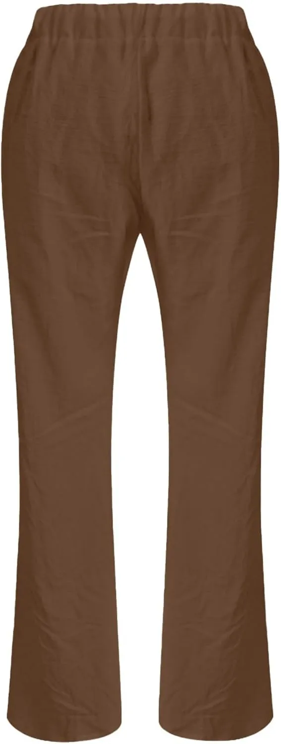 Wide Leg Linen Pants for Women Summer Beach Loose Fit Drawstring Lightweight Cotton Linen Boho Trousers with Pockets