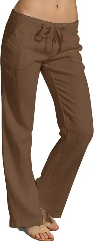 Wide Leg Linen Pants for Women Summer Beach Loose Fit Drawstring Lightweight Cotton Linen Boho Trousers with Pockets