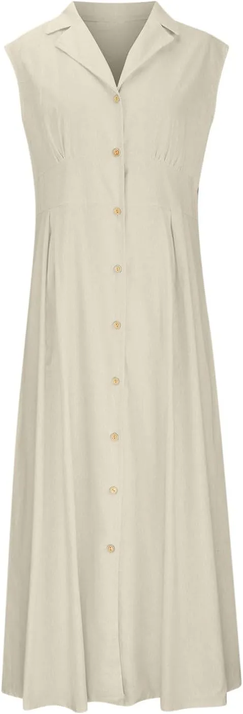 Women Casual Cotton Linen Shirt Dress Summer Sleeveless Button Down A Line Dress V Neck Work Collared Flowy Sundress