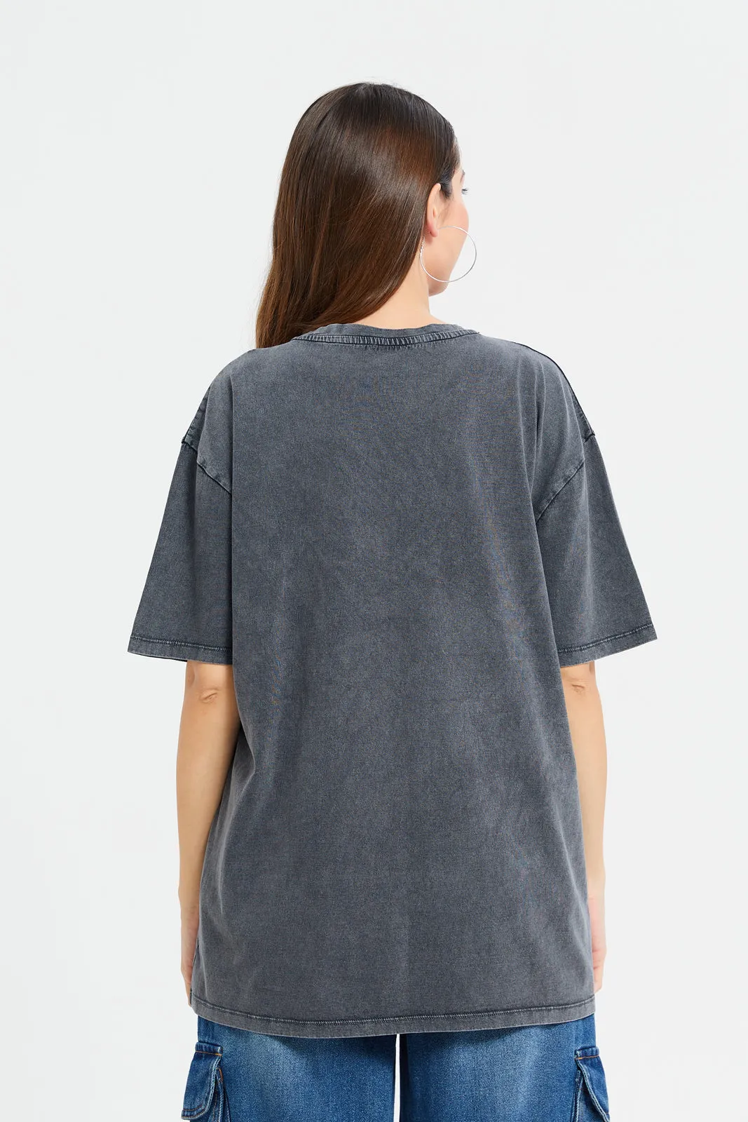 Women Grey Printed Oversize T-Shirt