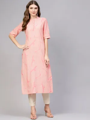 Women Pink & Off-White Striped Cotton Straight Kurta